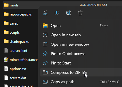 Once all this is done, select your mods folder with server side mods and compress it to a .zip file named mods.zip