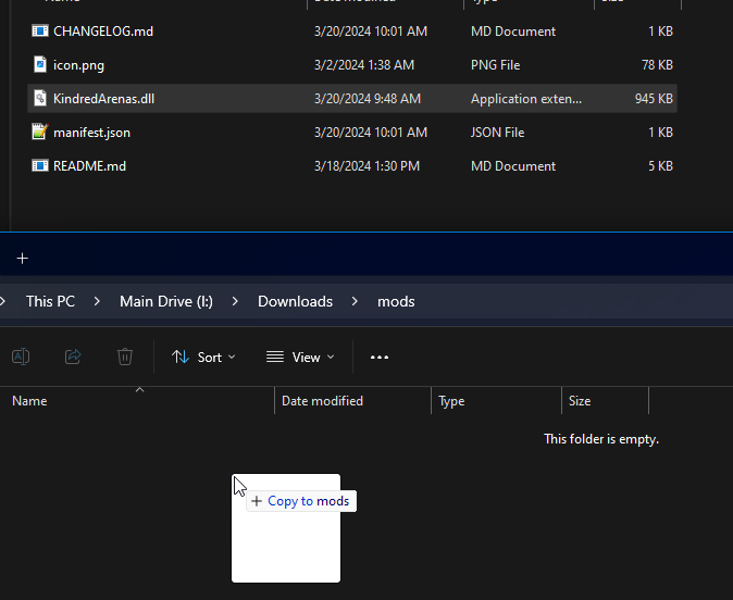 Open each .zip file you downloaded and copy the file ending in .dll to your created mods folder