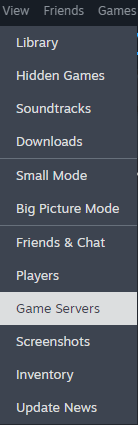 In the Steam client, open the View → Game Servers
