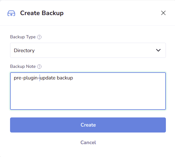 From the form that appears, select the type of backup you would like to make, and optionally give a note as to what that