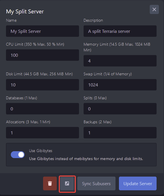Open your new split server and select the pop out button to manage your split server