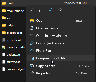 Right click on the folder you want to upload and select Compress to Zip File from the context menu.
