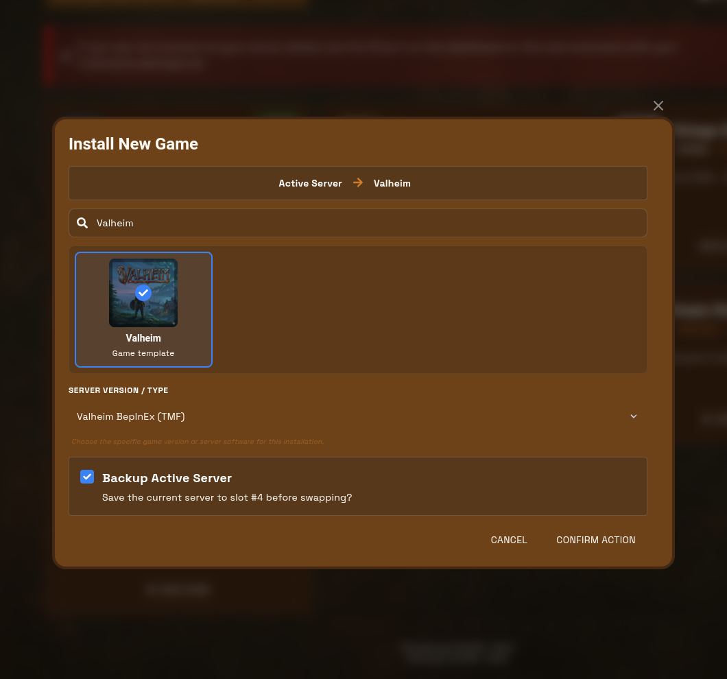 Install New Game with Valheim selected, Valheim BepInEx as Server Version / Type, and Backup Active Server checked