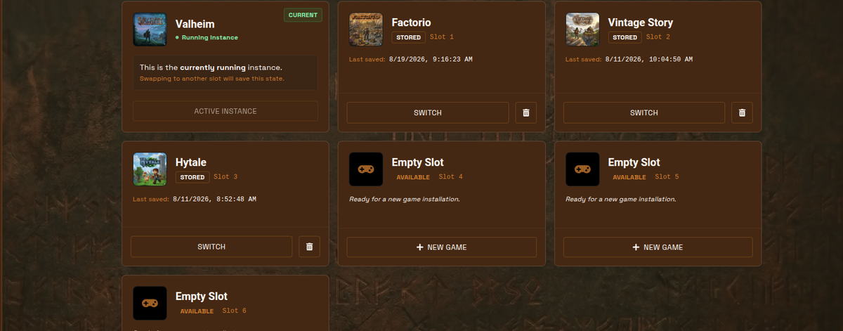 Game Swap slots with the current Valheim instance, stored games, and New Game