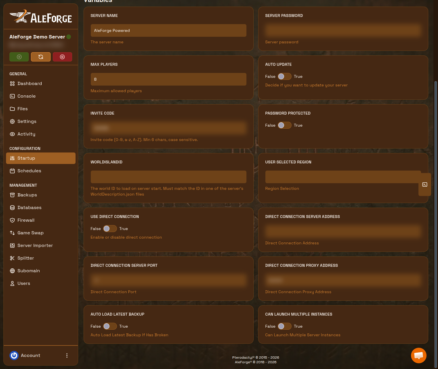 AleForge Panel Startup page with Windrose server settings