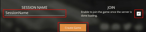 Session name, Join checkbox, and Create Game button