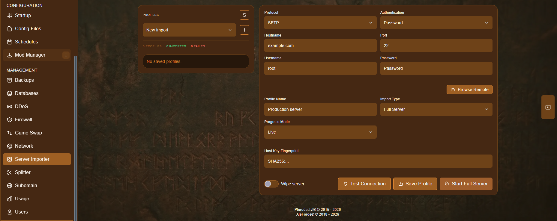 Server Importer connection form with Protocol, Hostname, Port, Authentication, Username and Password fields