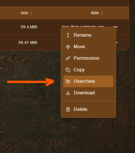Right-click menu on an uploaded zip file with the Unarchive option