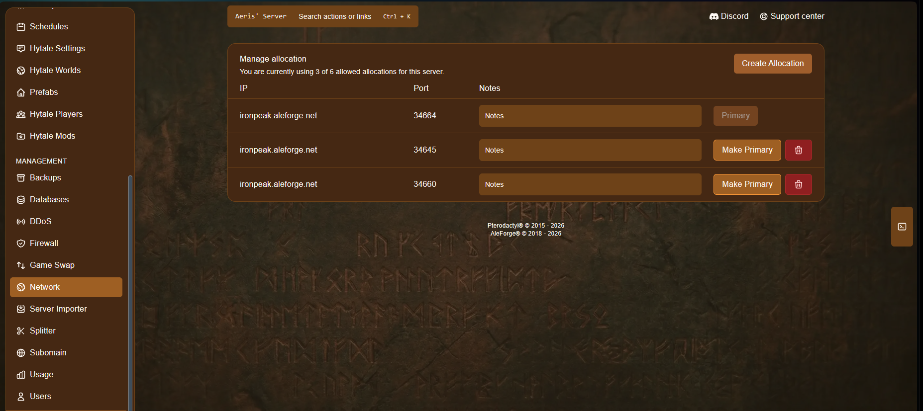 Network page listing IPs, ports, and allocations
