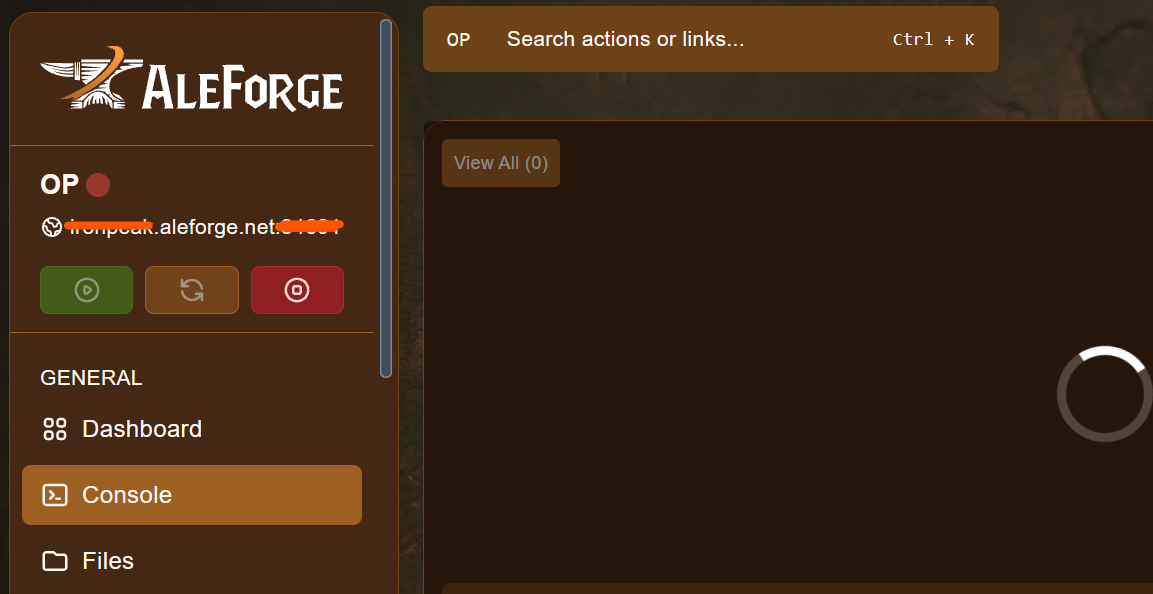 Server hostname and port shown in the panel
