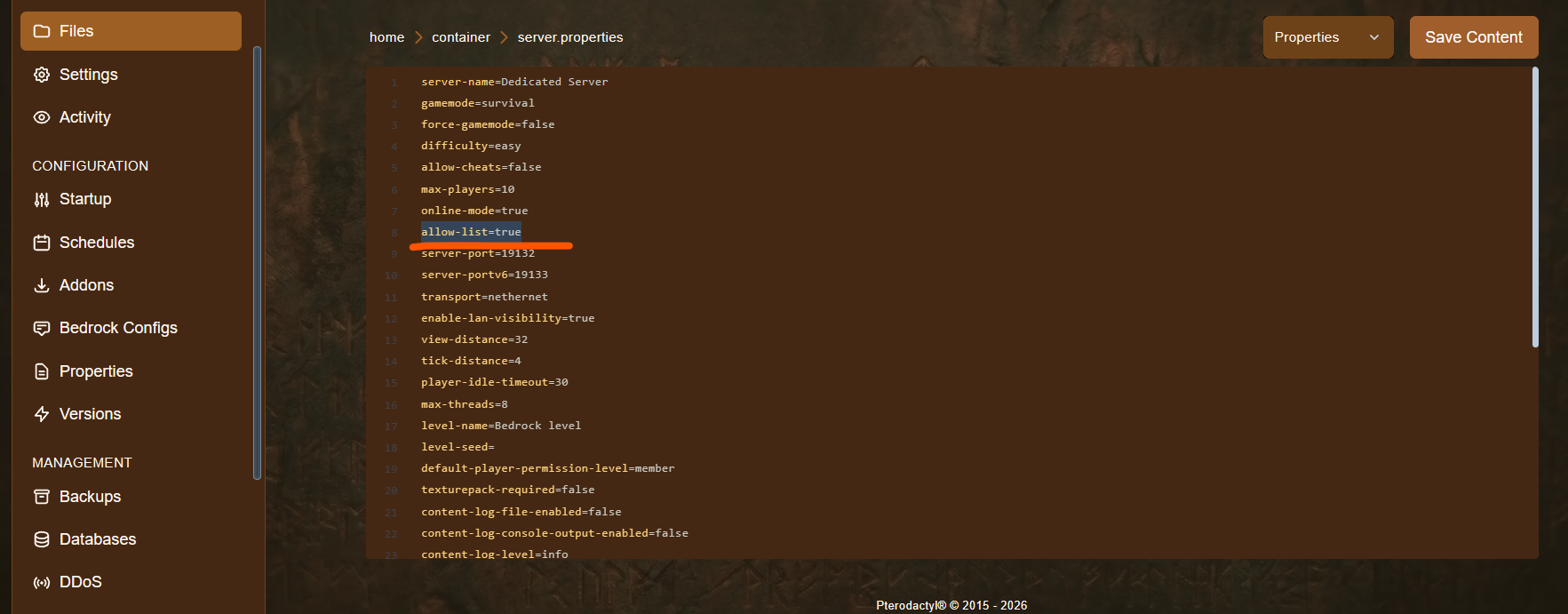 The allow-list setting in server.properties
