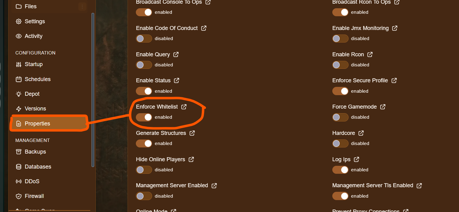 The ENFORCE-WHITELIST setting in Server Properties